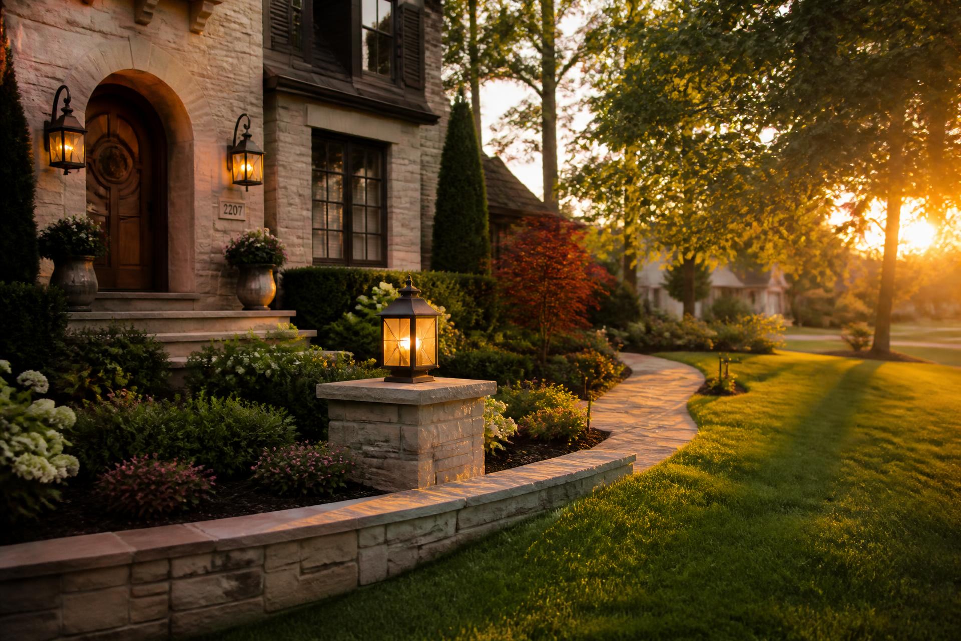 Landscaped Louisville home at golden hour with stone walkway and layered garden beds